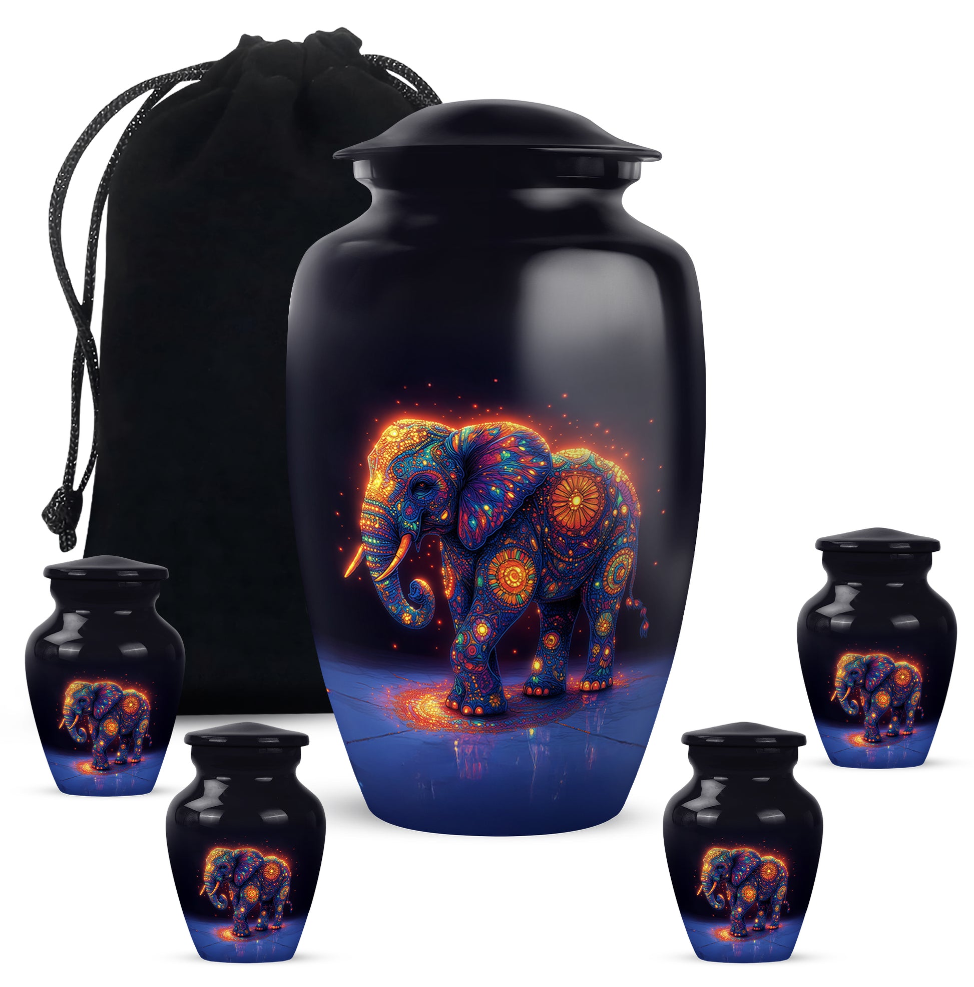 Cobalt Blue Elephant Cremation Urn top-down view of secure threaded lid - elegant classic elephant relief with fine detailing - memorial set with one large and four small urns