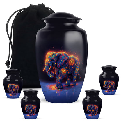 Cobalt Blue Elephant Cremation Urn top-down view of secure threaded lid - elegant classic elephant relief with fine detailing - memorial set with one large and four small urns