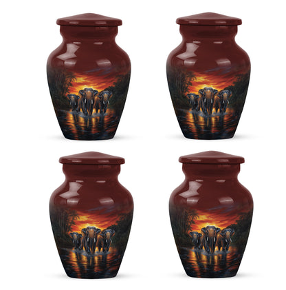 Scarlet Red Elephant Cremation Urn side profile showing urn shape - traditional elephant engraving with hand-polished finish - 10 inch aluminum urn for cremated remains