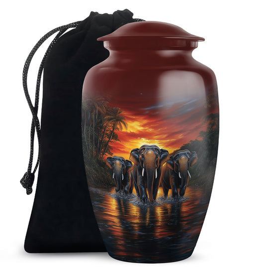 Crimson Red Elephant Cremation Urn angled view of lid and engraved motif - timeless elephant motif etched into premium metal - full-size 10 inch 200 cubic inch adult cremation urn