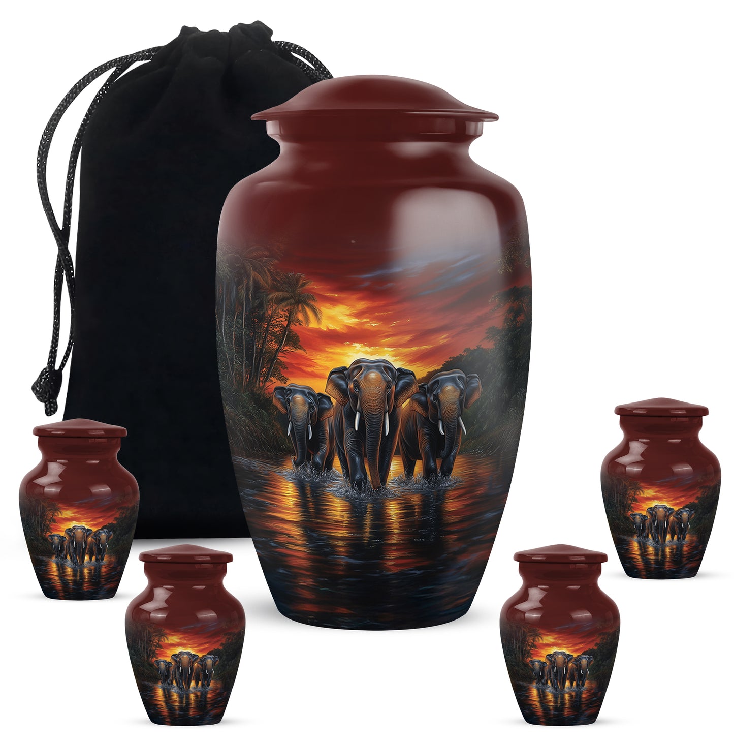 Garnet Red Elephant Cremation Urn top-down view of secure threaded lid - timeless elephant motif etched into premium metal - memorial set with one large and four small urns