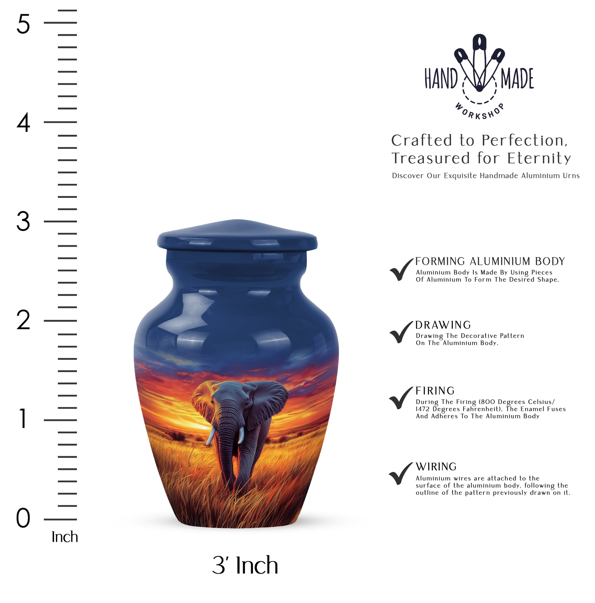 Royal Blue Elephant Cremation Urn close-up of engraving and surface detail - traditional elephant engraving with hand-polished finish - mini keepsake memorial for portion of cremation ashes