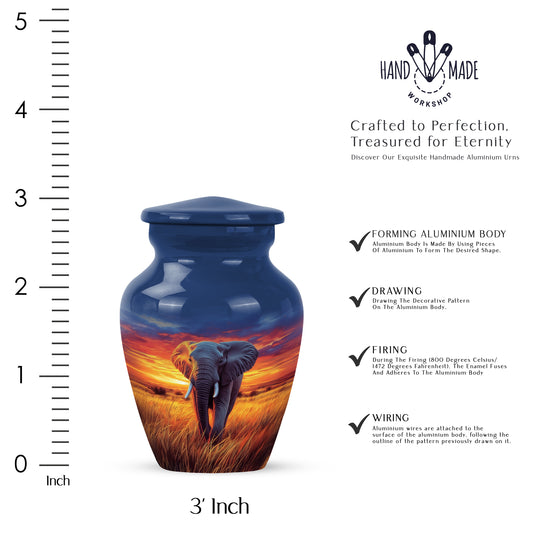 Royal Blue Elephant Cremation Urn close-up of engraving and surface detail - traditional elephant engraving with hand-polished finish - mini keepsake memorial for portion of cremation ashes