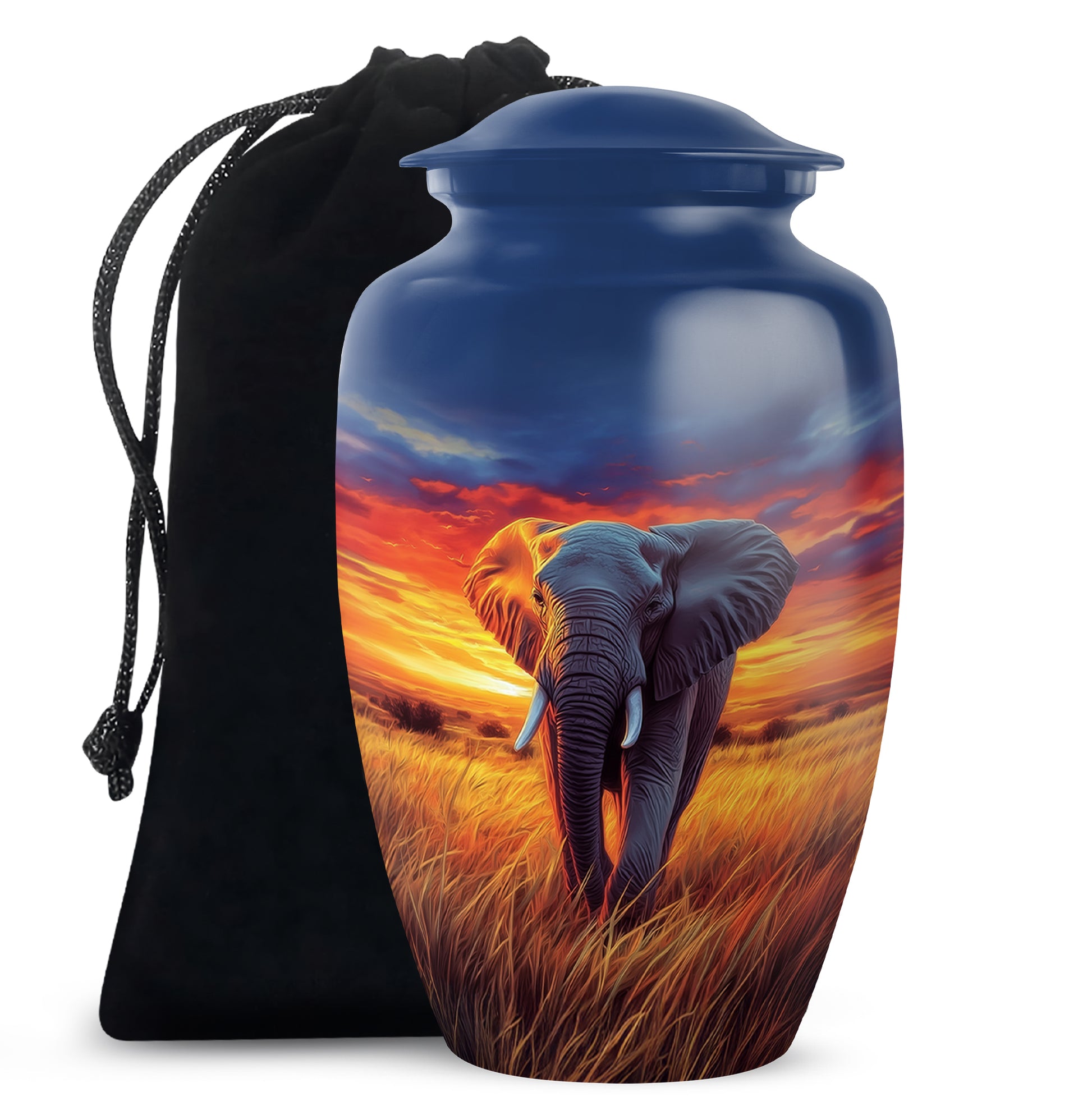 Pastel Blue Elephant Cremation Urn angled view of lid and engraved motif - classic sculpted elephant pattern on smooth aluminum - full-size 10 inch 200 cubic inch adult cremation urn