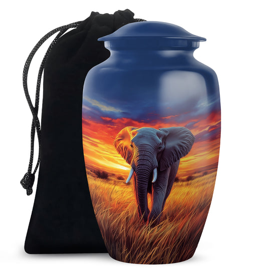 Pastel Blue Elephant Cremation Urn angled view of lid and engraved motif - classic sculpted elephant pattern on smooth aluminum - full-size 10 inch 200 cubic inch adult cremation urn