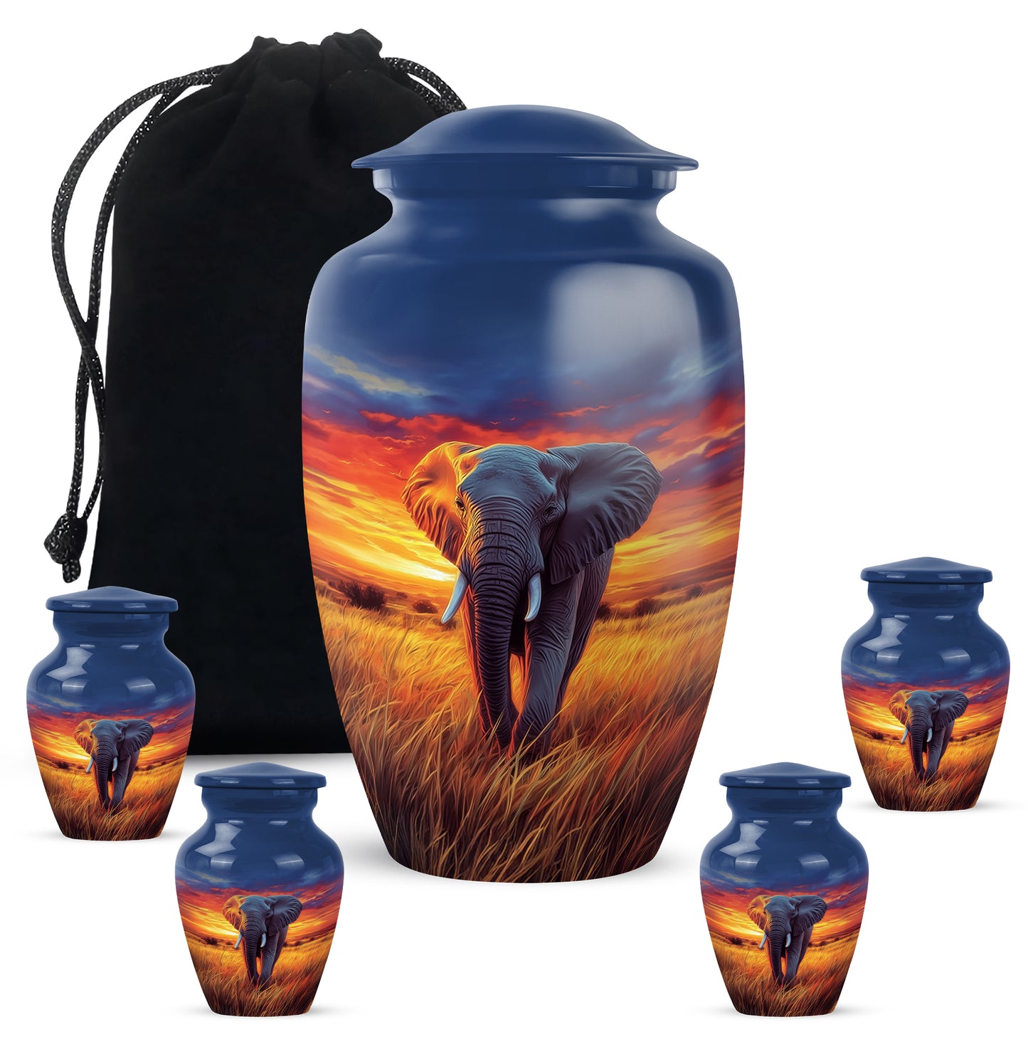 Azure Elephant Cremation Urn top-down view of secure threaded lid - timeless elephant motif etched into premium metal - memorial set with one large and four small urns