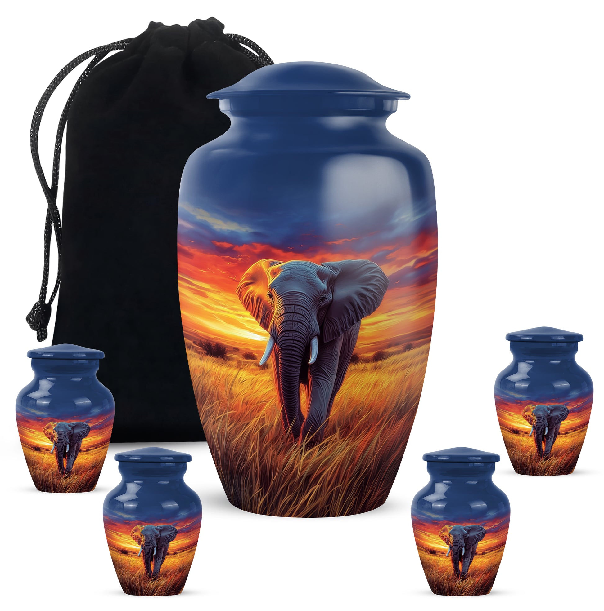 Azure Elephant Cremation Urn top-down view of secure threaded lid - timeless elephant motif etched into premium metal - memorial set with one large and four small urns