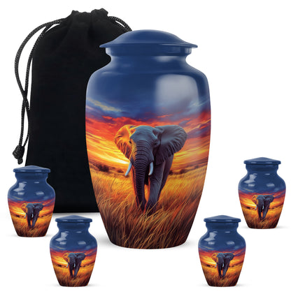 Azure Elephant Cremation Urn top-down view of secure threaded lid - timeless elephant motif etched into premium metal - memorial set with one large and four small urns
