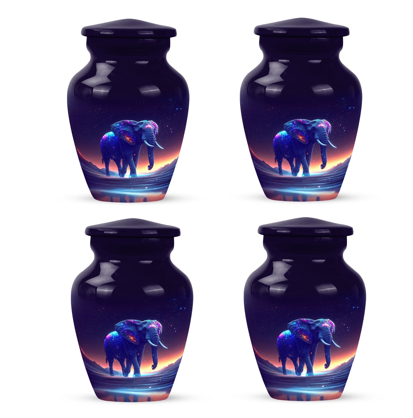 Royal Purple Elephant Cremation Urn side profile showing urn shape - traditional elephant engraving with hand-polished finish - 10 inch aluminum urn for cremated remains