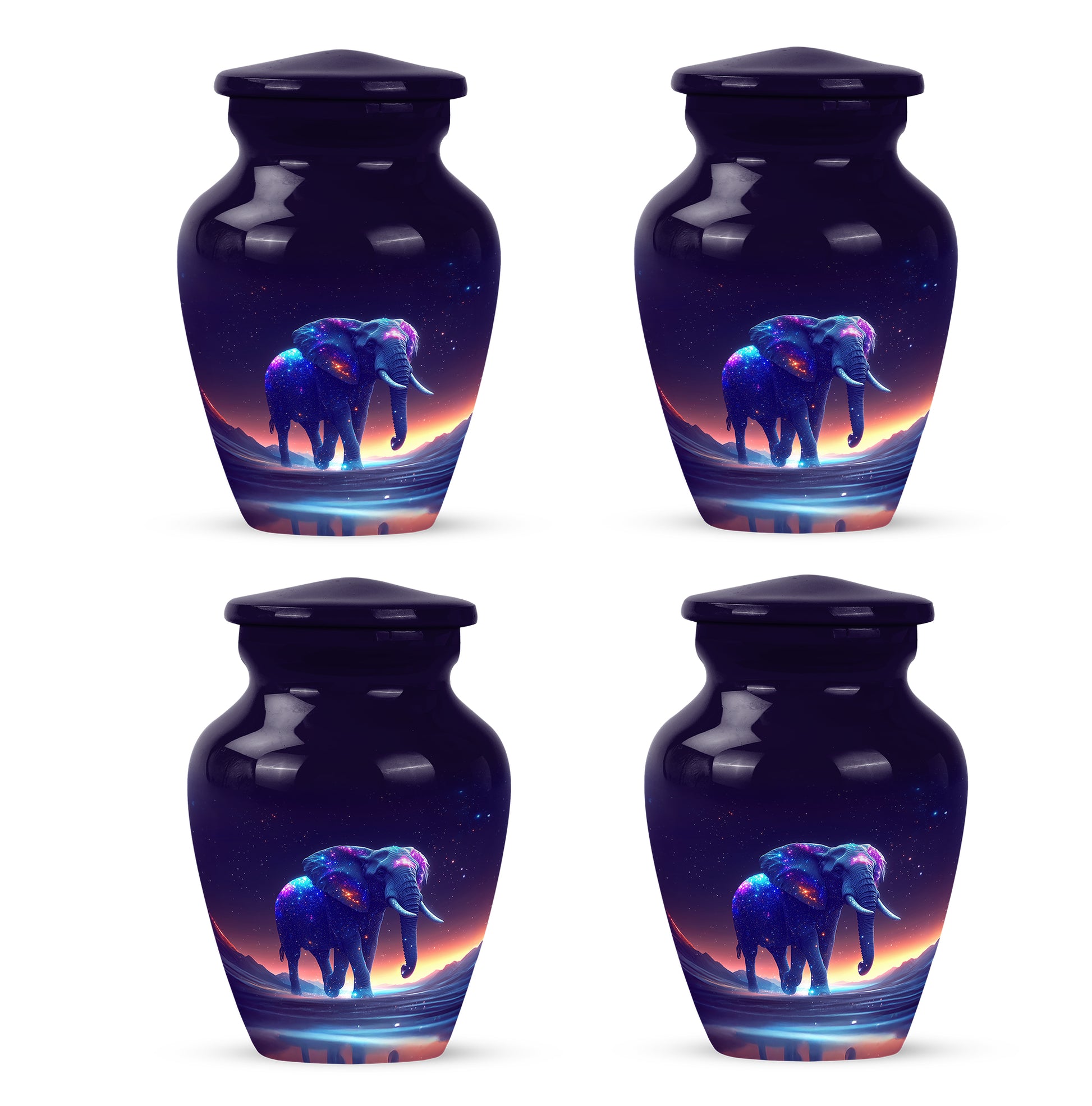 Royal Purple Elephant Cremation Urn side profile showing urn shape - traditional elephant engraving with hand-polished finish - 10 inch aluminum urn for cremated remains