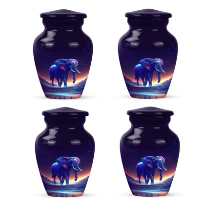 Royal Purple Elephant Cremation Urn side profile showing urn shape - traditional elephant engraving with hand-polished finish - 10 inch aluminum urn for cremated remains