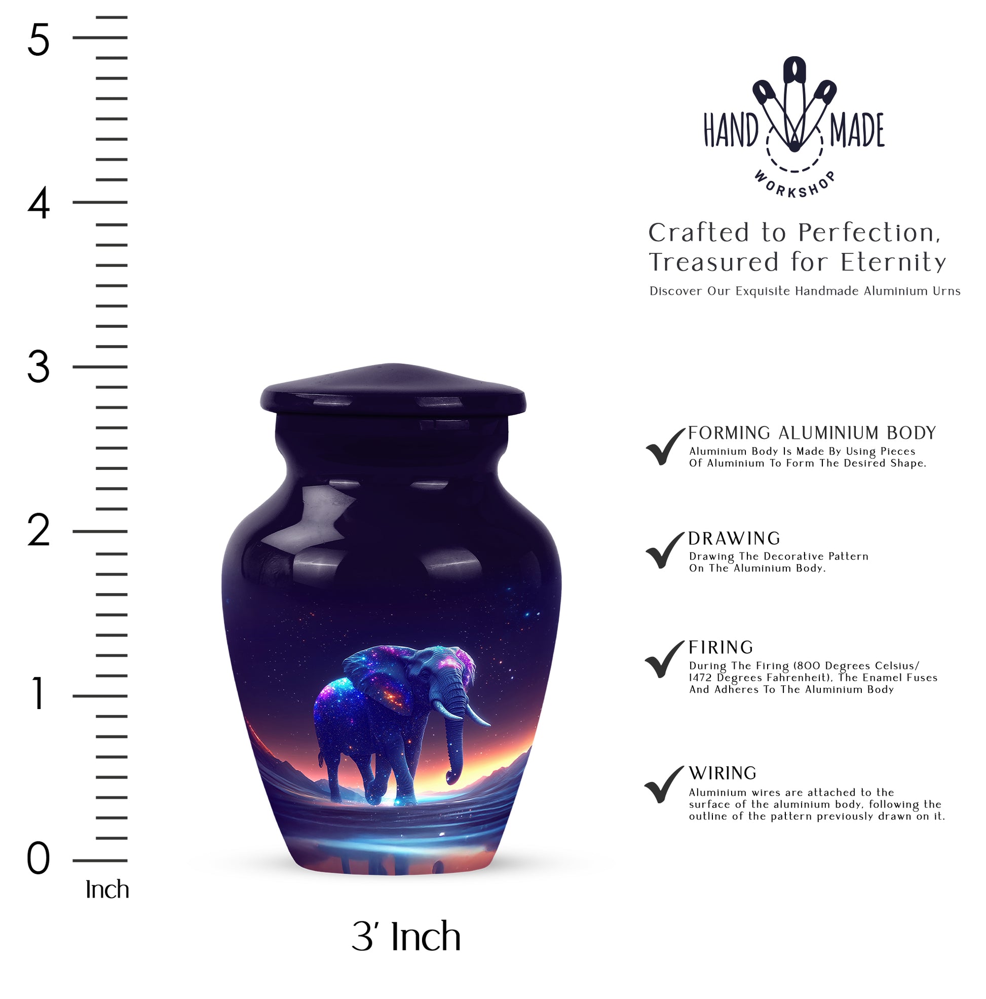 Amethyst Purple Elephant Cremation Urn close-up of engraving and surface detail - timeless elephant motif etched into premium metal - mini keepsake memorial for portion of cremation ashes