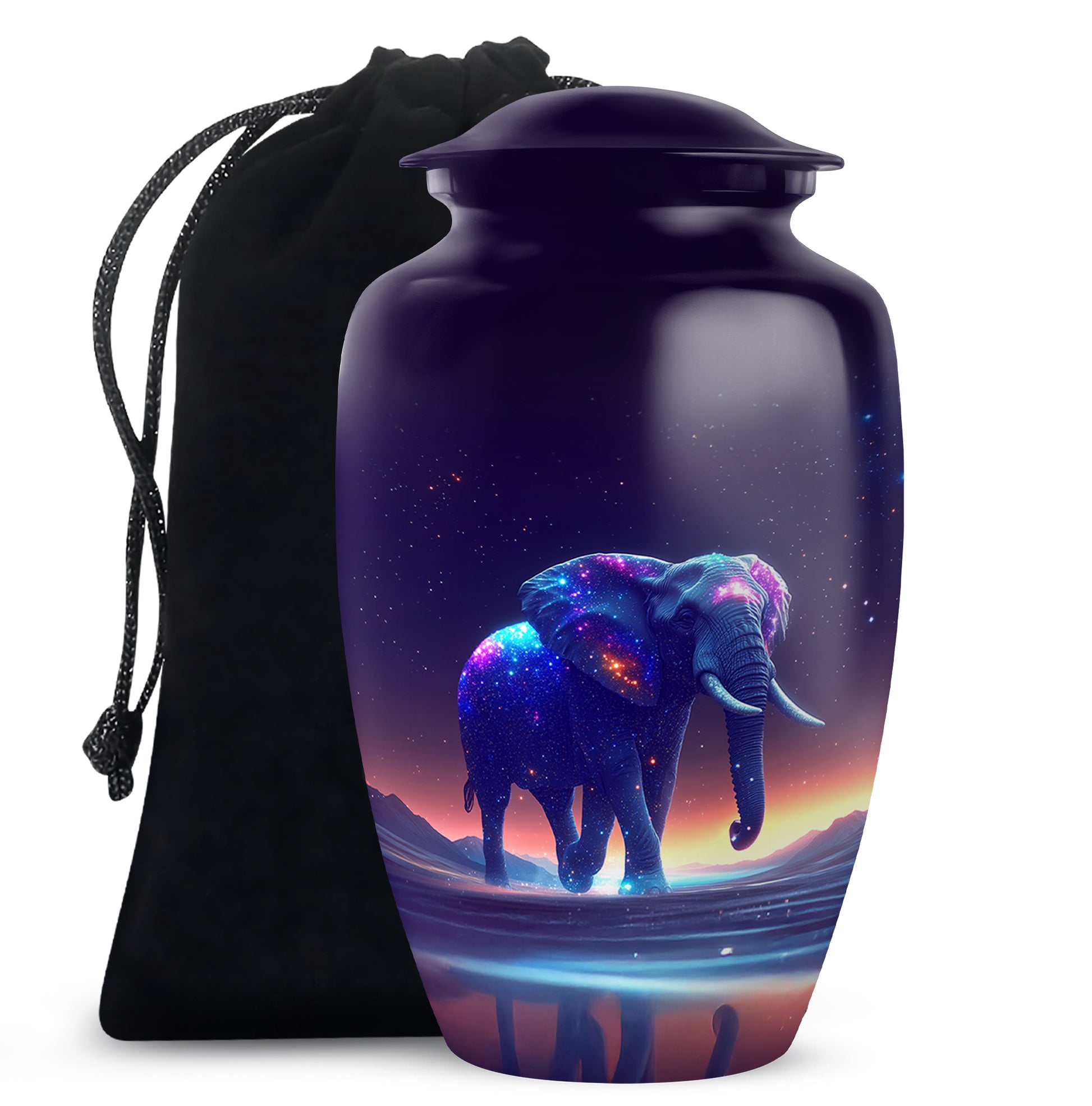 Amethyst Purple Elephant Cremation Urn angled view of lid and engraved motif - classic sculpted elephant pattern on smooth aluminum - full-size 10 inch 200 cubic inch adult cremation urn