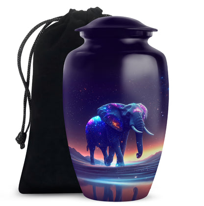 Amethyst Purple Elephant Cremation Urn angled view of lid and engraved motif - classic sculpted elephant pattern on smooth aluminum - full-size 10 inch 200 cubic inch adult cremation urn