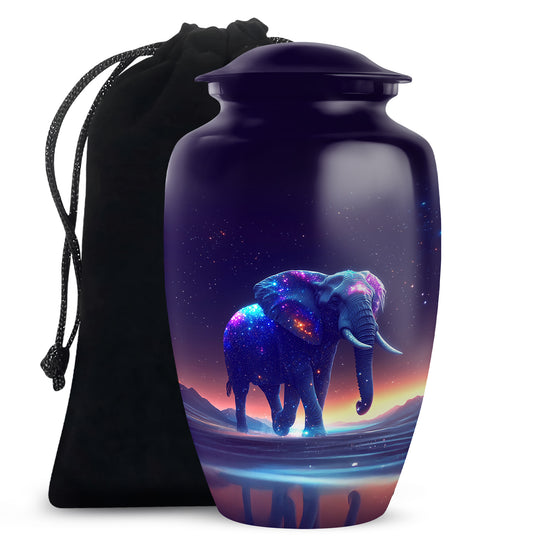 Amethyst Purple Elephant Cremation Urn angled view of lid and engraved motif - classic sculpted elephant pattern on smooth aluminum - full-size 10 inch 200 cubic inch adult cremation urn
