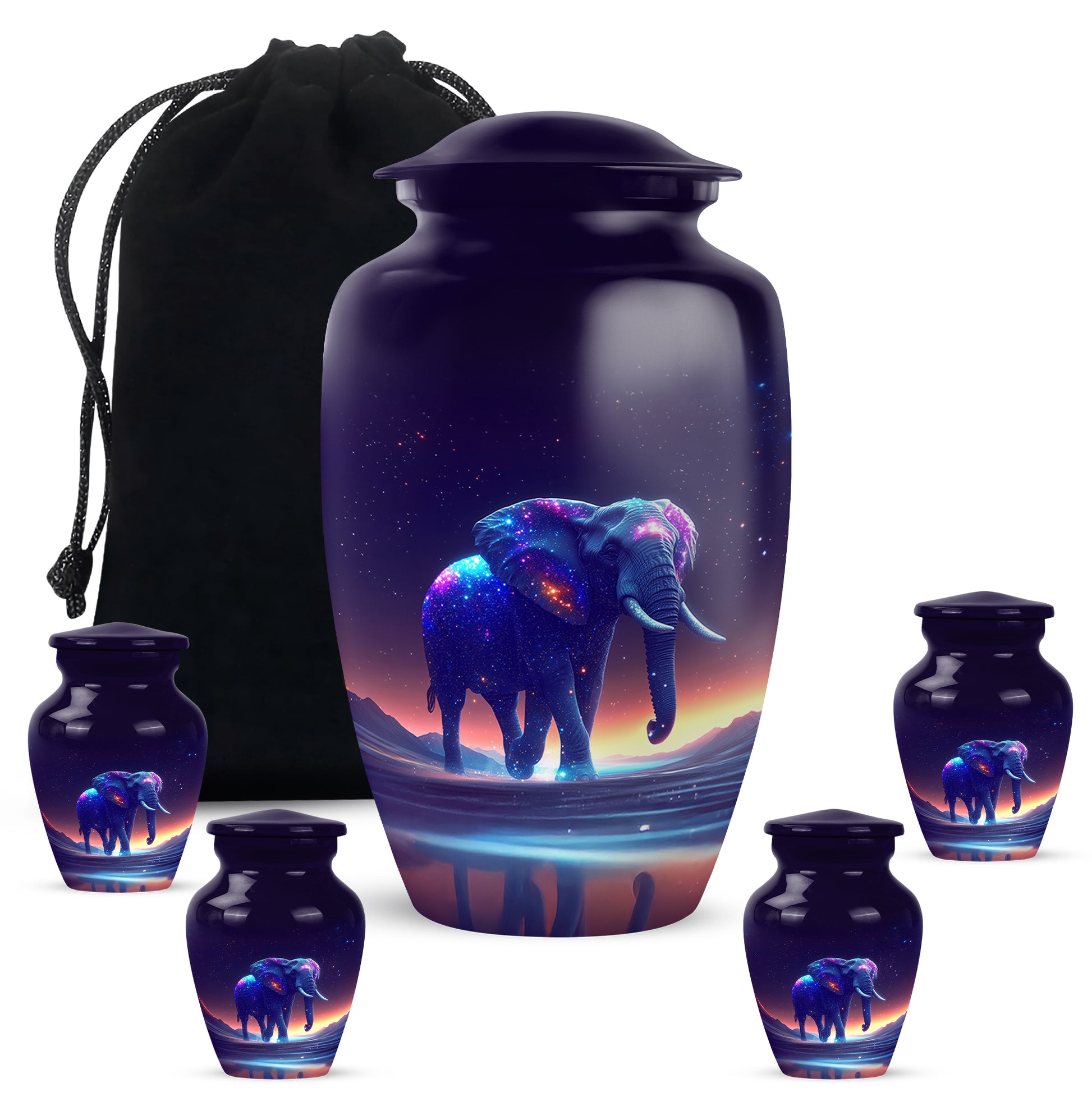 Deep Purple Elephant Cremation Urn top-down view of secure threaded lid - classic sculpted elephant pattern on smooth aluminum - memorial set with one large and four small urns