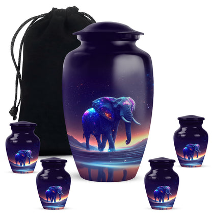 Deep Purple Elephant Cremation Urn top-down view of secure threaded lid - classic sculpted elephant pattern on smooth aluminum - memorial set with one large and four small urns