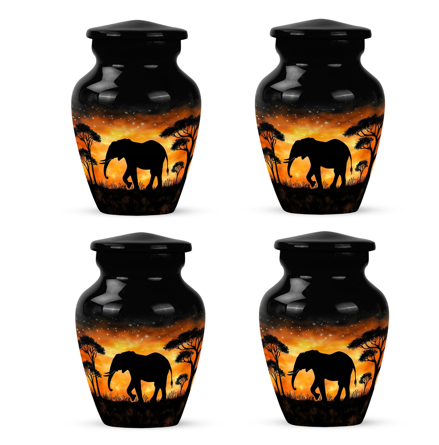 Glossy Black Elephant Cremation Urn side profile showing urn shape - timeless elephant motif etched into premium metal - 10 inch aluminum urn for cremated remains