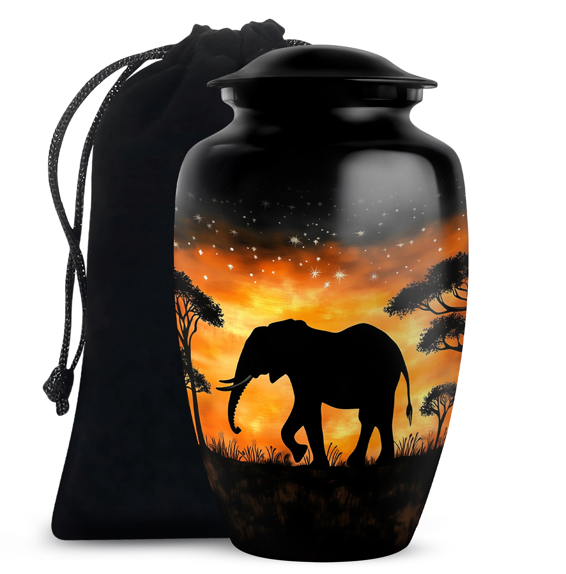 Jet Black Elephant Cremation Urn angled view of lid and engraved motif - timeless elephant motif etched into premium metal - full-size 10 inch 200 cubic inch adult cremation urn
