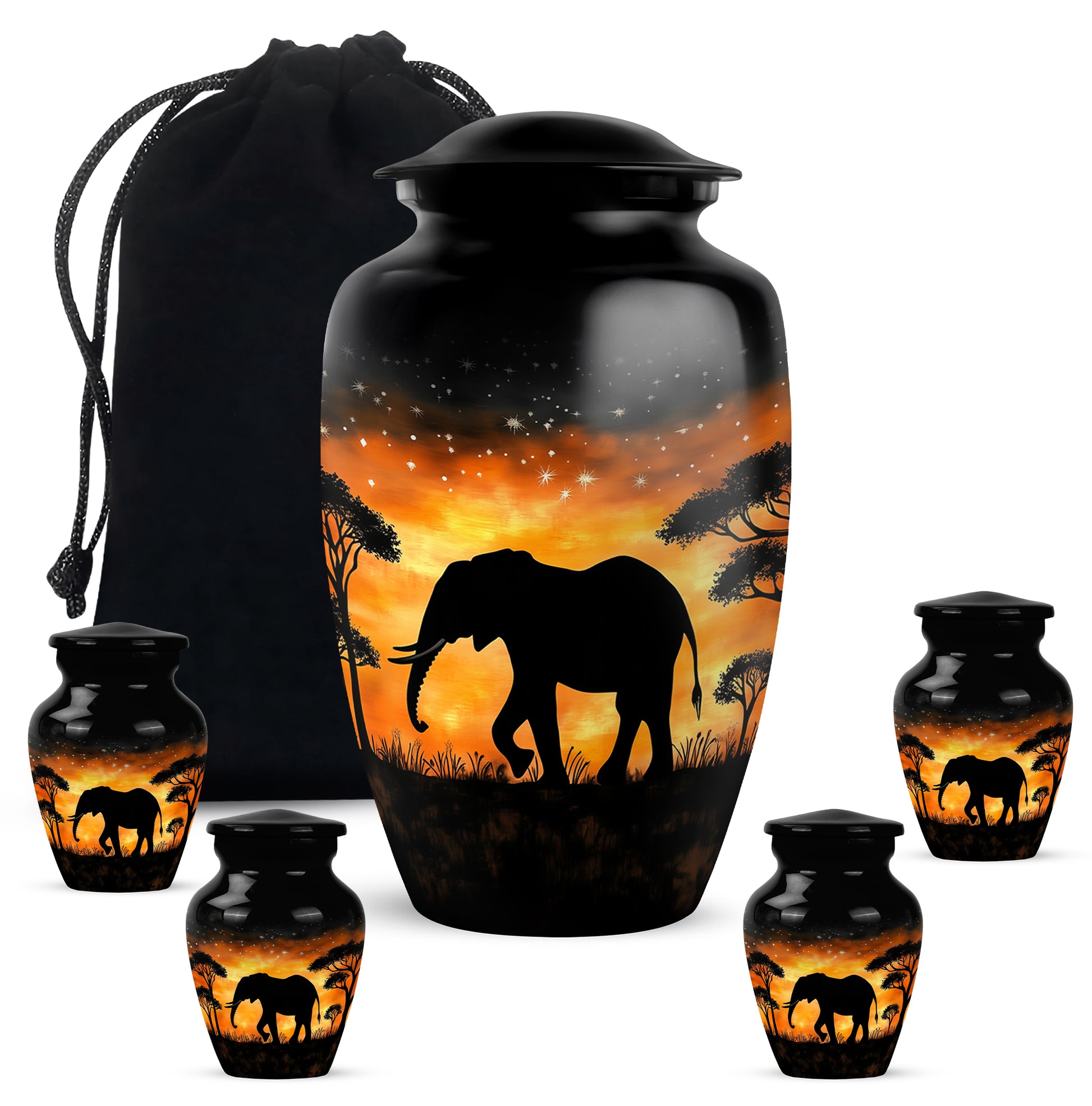 Charcoal Black Elephant Cremation Urn top-down view of secure threaded lid - traditional elephant engraving with hand-polished finish - memorial set with one large and four small urns