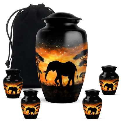Charcoal Black Elephant Cremation Urn top-down view of secure threaded lid - traditional elephant engraving with hand-polished finish - memorial set with one large and four small urns
