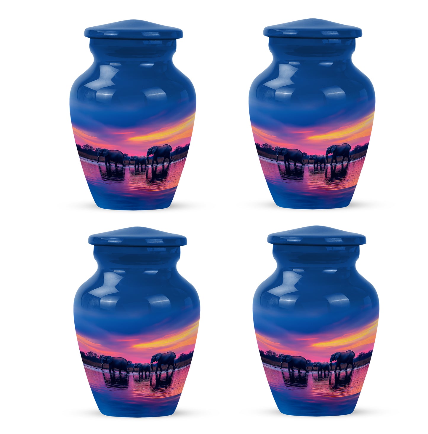Royal Blue Elephant Cremation Urn side profile showing urn shape - traditional elephant engraving with hand-polished finish - 10 inch aluminum urn for cremated remains