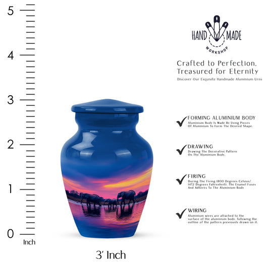 Vivid Blue Elephant Cremation Urn close-up of engraving and surface detail - traditional elephant engraving with hand-polished finish - mini keepsake memorial for portion of cremation ashes