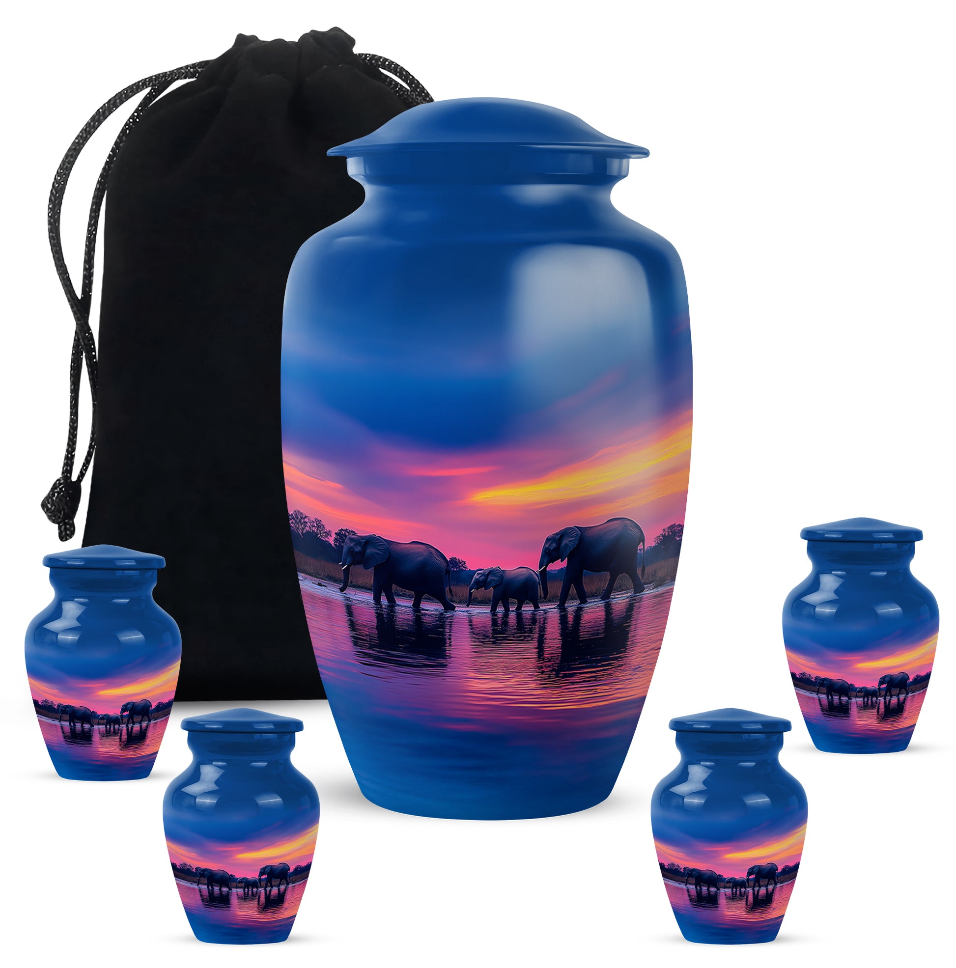 Calming Blue Elephant Cremation Urn top-down view of secure threaded lid - traditional elephant engraving with hand-polished finish - memorial set with one large and four small urns