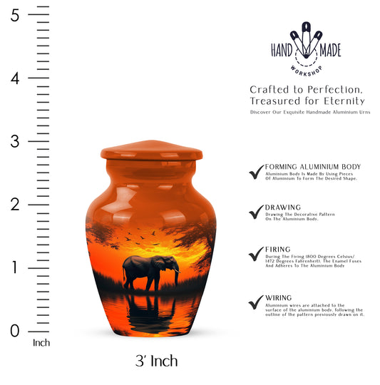 Royal Gold Elephant Cremation Urn close-up of engraving and surface detail - traditional elephant engraving with hand-polished finish - mini keepsake memorial for portion of cremation ashes