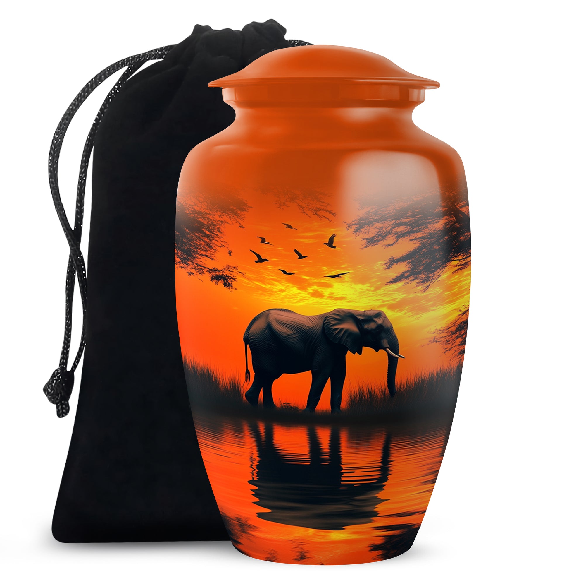 Harvest Gold Elephant Cremation Urn angled view of lid and engraved motif - traditional elephant engraving with hand-polished finish - full-size 10 inch 200 cubic inch adult cremation urn