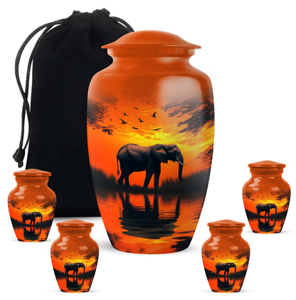 Royal Gold Elephant Cremation Urn top-down view of secure threaded lid - traditional elephant engraving with hand-polished finish - memorial set with one large and four small urns