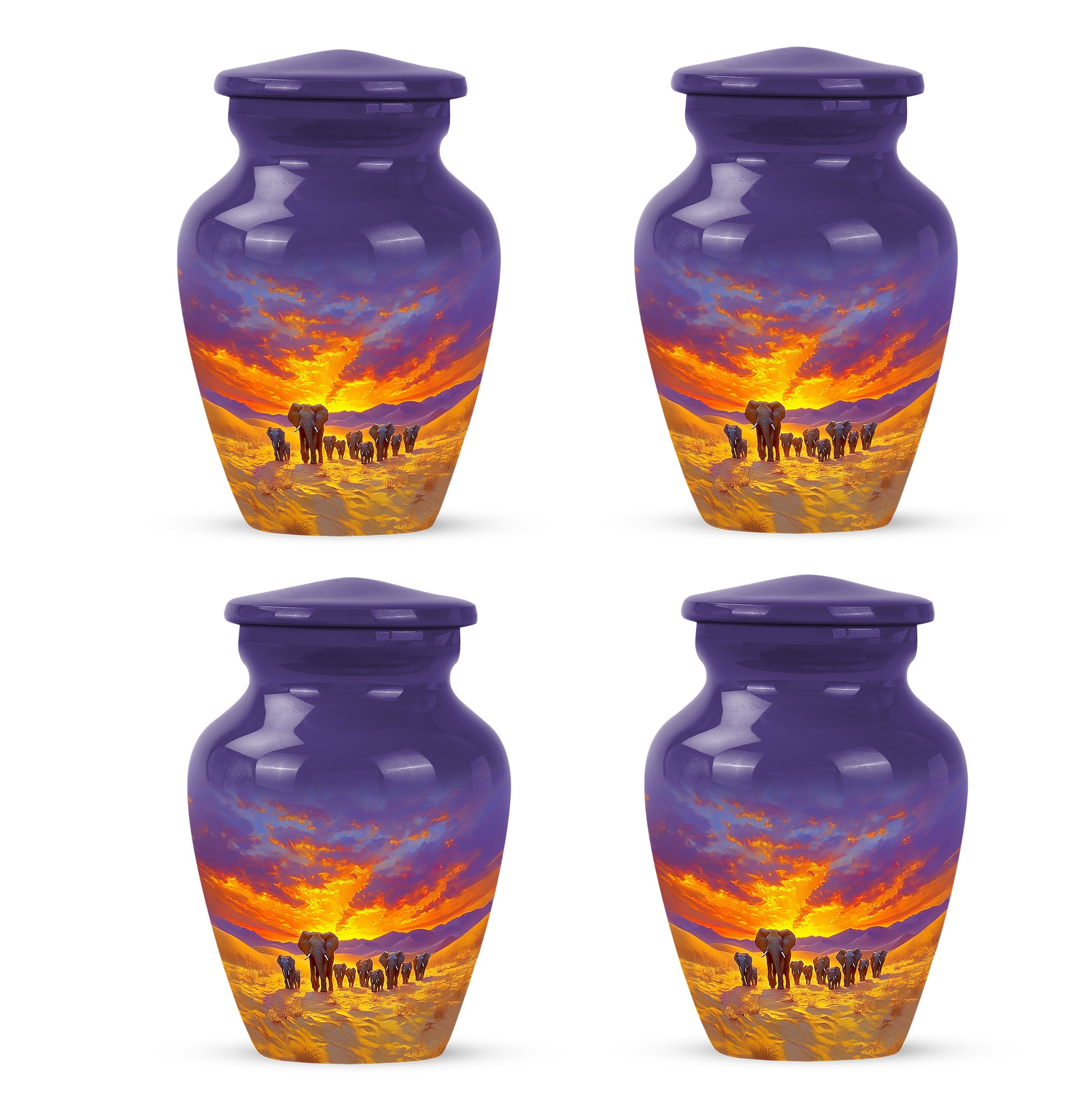 Sapphire Blue Elephant Cremation Urn side profile showing urn shape - traditional elephant engraving with hand-polished finish - 10 inch aluminum urn for cremated remains