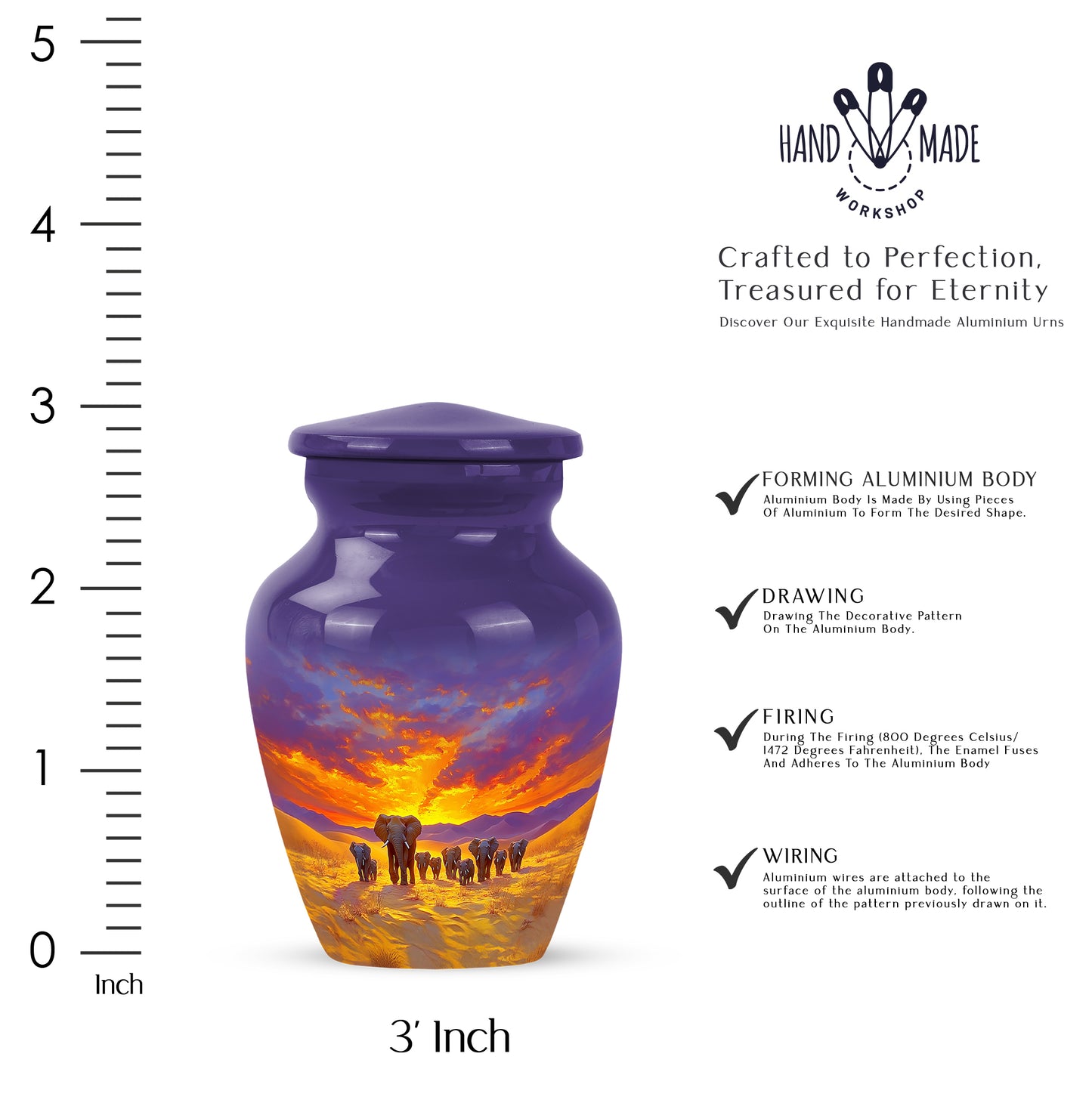Bright Blue Elephant Cremation Urn close-up of engraving and surface detail - elegant classic elephant relief with fine detailing - mini keepsake memorial for portion of cremation ashes