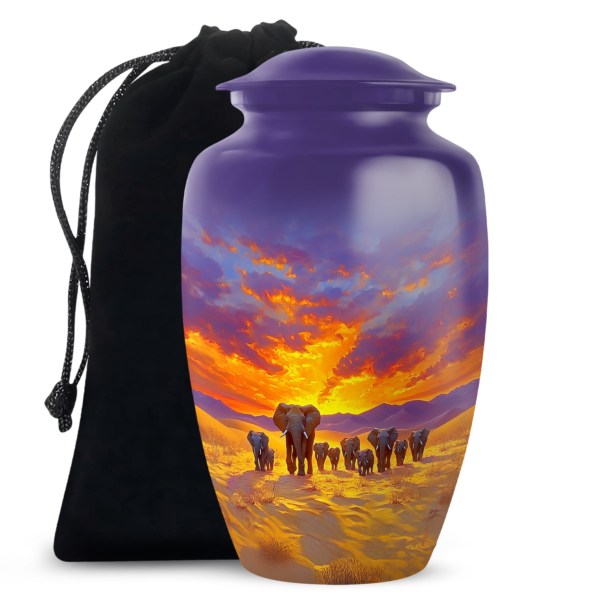 Misty Blue Elephant Cremation Urn angled view of lid and engraved motif - timeless elephant motif etched into premium metal - full-size 10 inch 200 cubic inch adult cremation urn