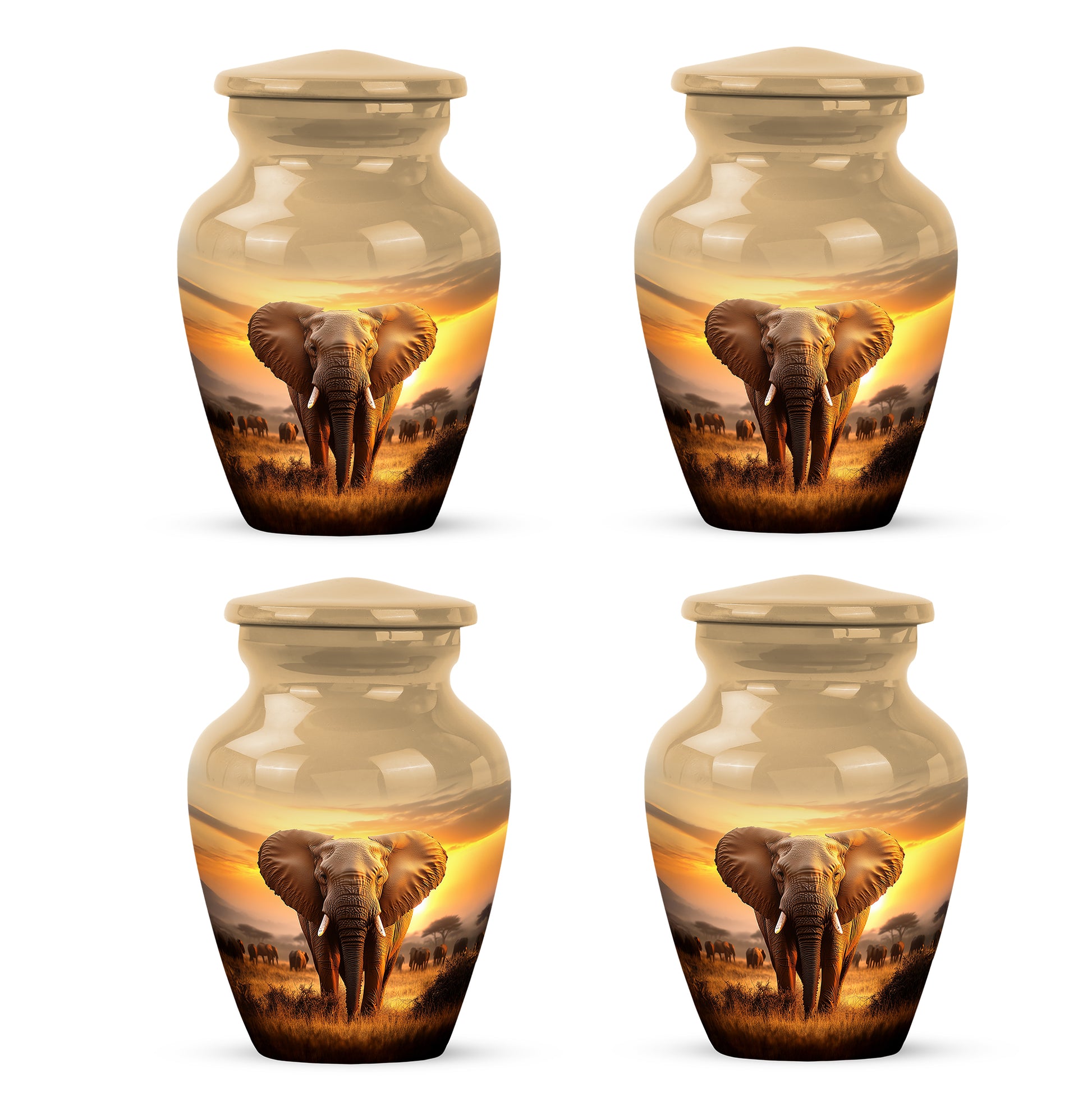 Warm Gold Elephant Cremation Urn side profile showing urn shape - elegant classic elephant relief with fine detailing - 10 inch aluminum urn for cremated remains