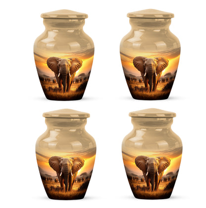 Warm Gold Elephant Cremation Urn side profile showing urn shape - elegant classic elephant relief with fine detailing - 10 inch aluminum urn for cremated remains
