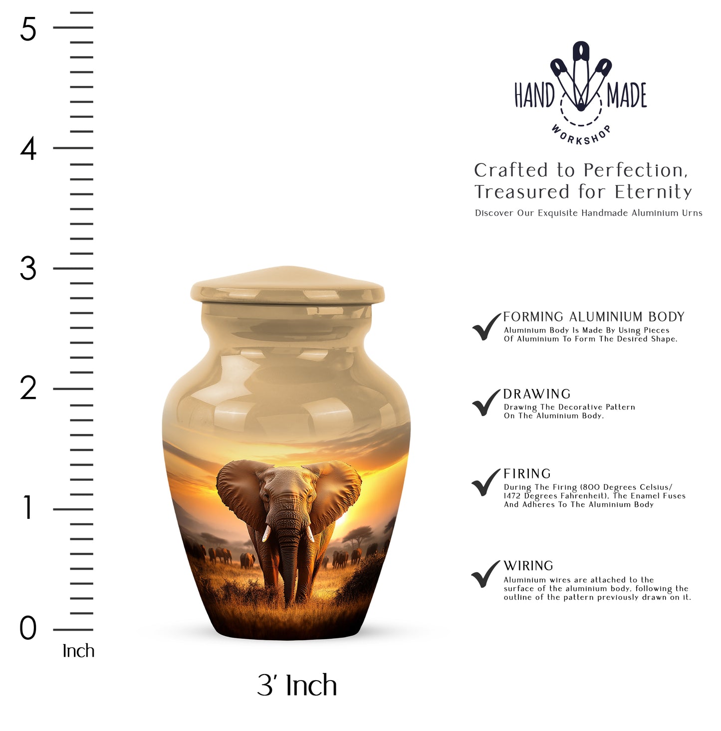 Champagne Gold Elephant Cremation Urn close-up of engraving and surface detail - classic sculpted elephant pattern on smooth aluminum - mini keepsake memorial for portion of cremation ashes
