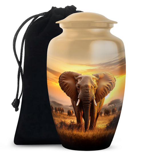 Harvest Gold Elephant Cremation Urn angled view of lid and engraved motif - elegant classic elephant relief with fine detailing - full-size 10 inch 200 cubic inch adult cremation urn