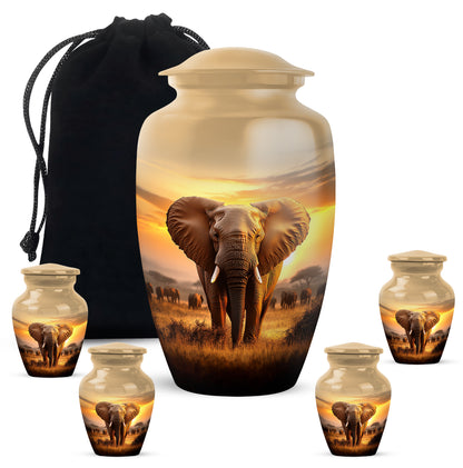 Warm Gold Elephant Cremation Urn top-down view of secure threaded lid - elegant classic elephant relief with fine detailing - memorial set with one large and four small urns