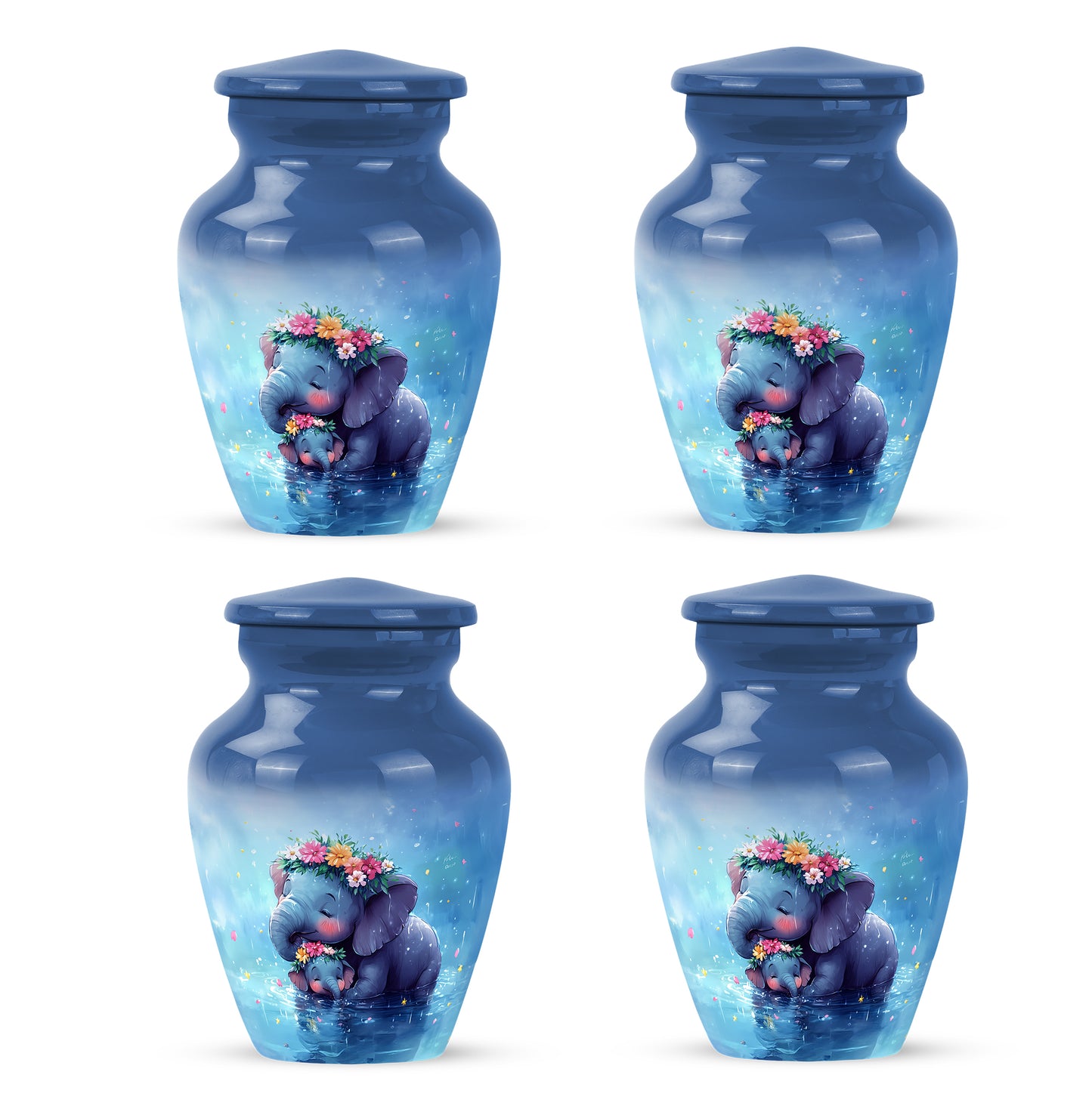Slate Blue Elephant Cremation Urn side profile showing urn shape - classic sculpted elephant pattern on smooth aluminum - 10 inch aluminum urn for cremated remains