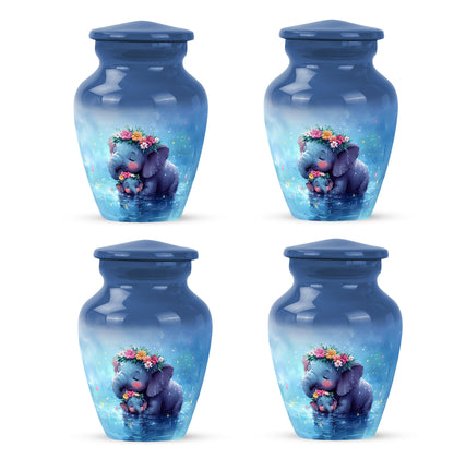 Slate Blue Elephant Cremation Urn side profile showing urn shape - classic sculpted elephant pattern on smooth aluminum - 10 inch aluminum urn for cremated remains