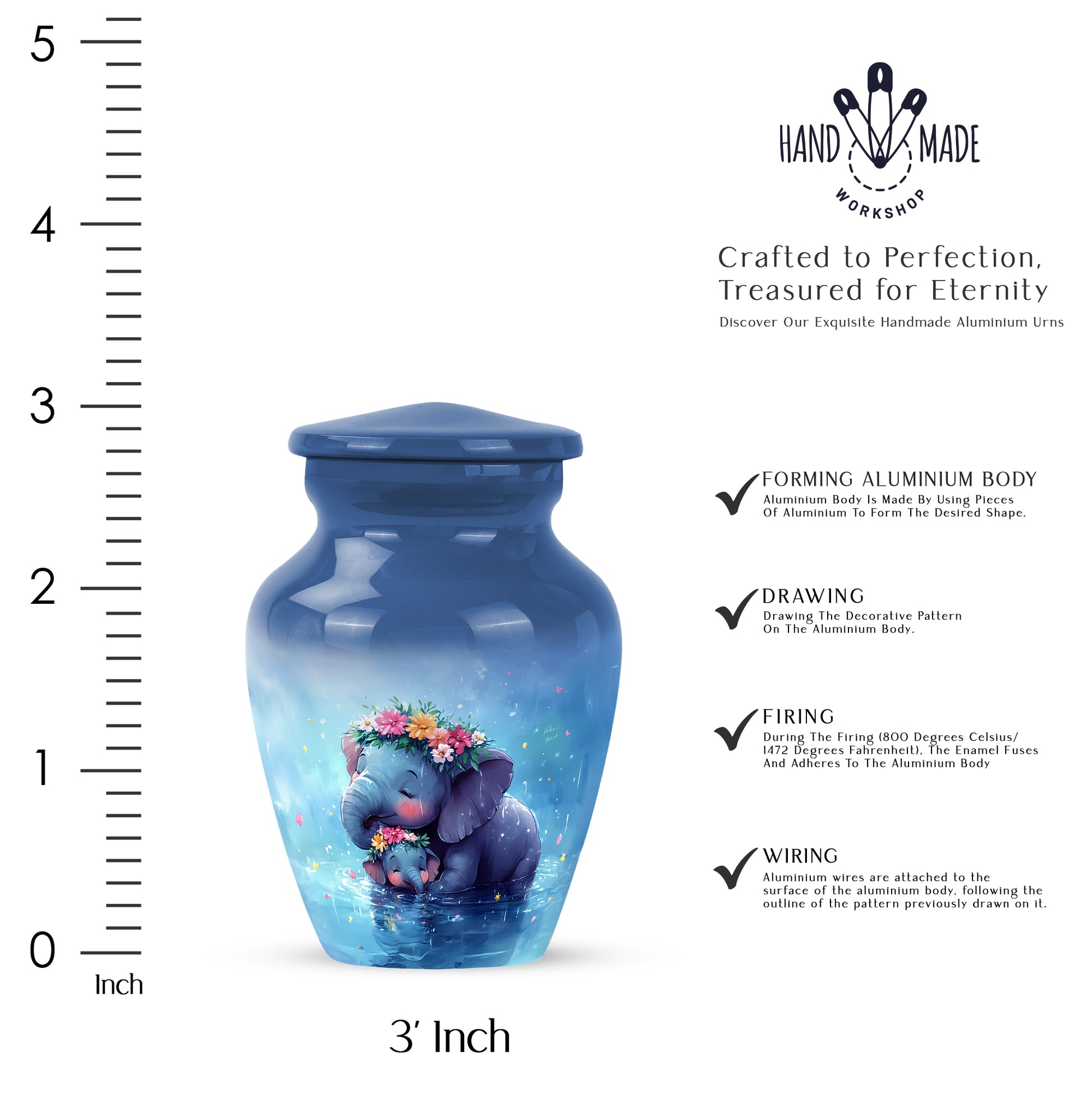 Misty Blue Elephant Cremation Urn close-up of engraving and surface detail - classic sculpted elephant pattern on smooth aluminum - mini keepsake memorial for portion of cremation ashes