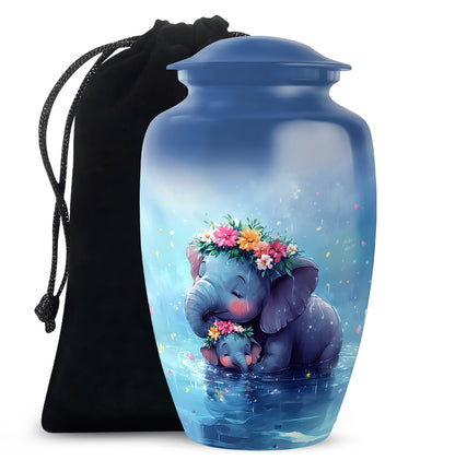 Navy Blue Elephant Cremation Urn angled view of lid and engraved motif - classic sculpted elephant pattern on smooth aluminum - full-size 10 inch 200 cubic inch adult cremation urn