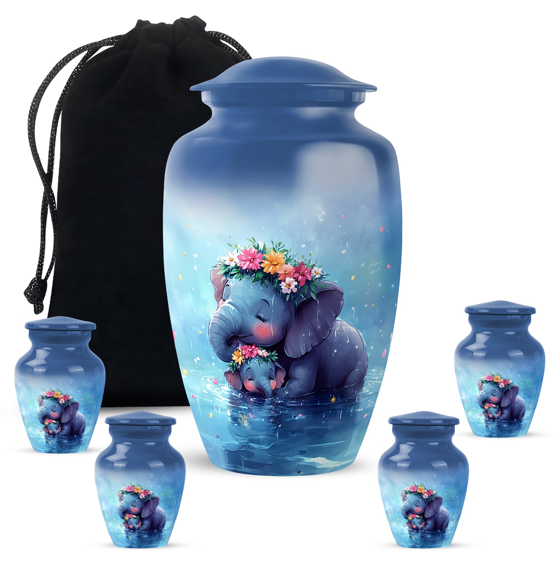 Powder Blue Elephant Cremation Urn top-down view of secure threaded lid - classic sculpted elephant pattern on smooth aluminum - memorial set with one large and four small urns