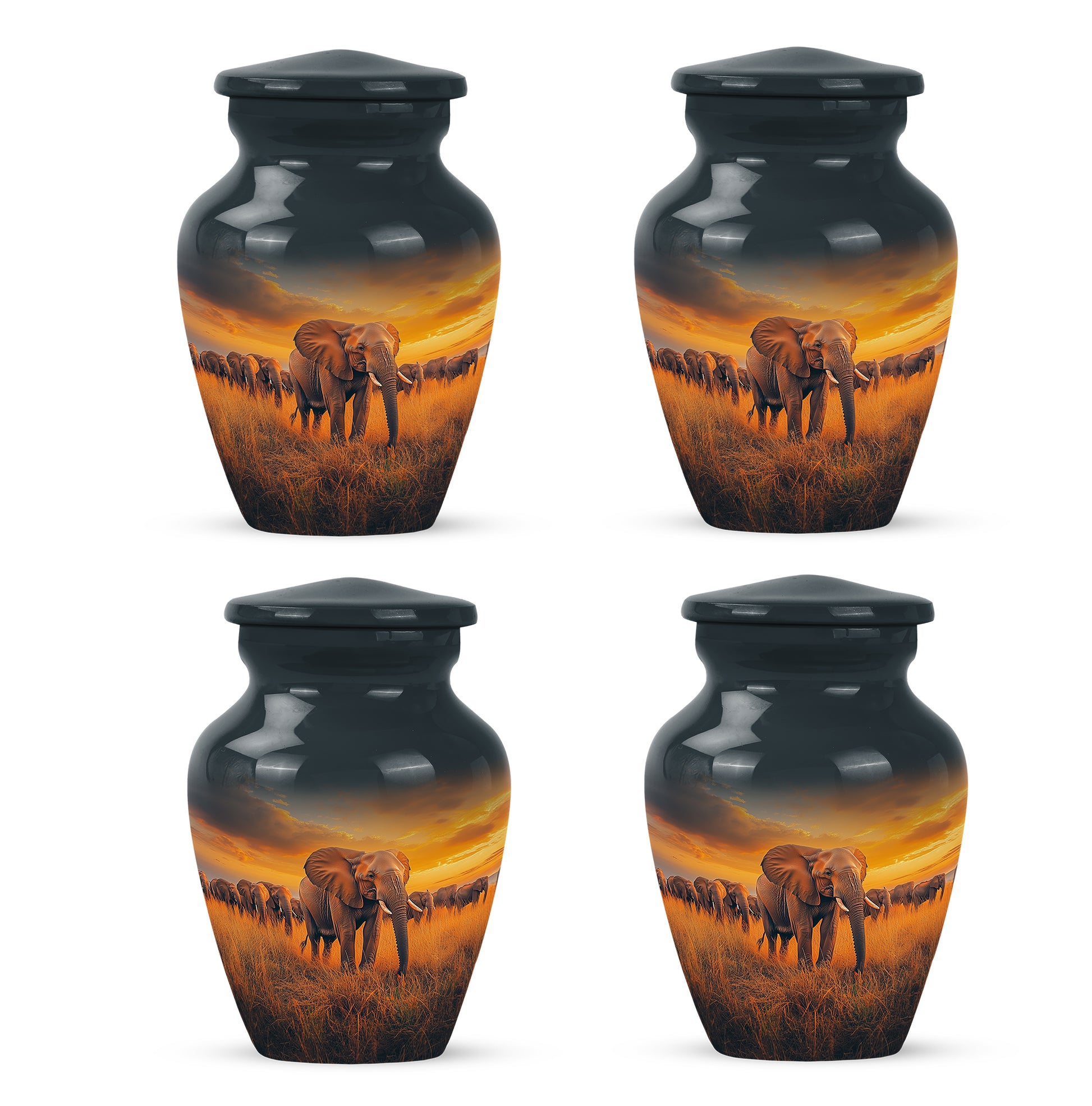 Powder Blue Elephant Cremation Urn side profile showing urn shape - classic sculpted elephant pattern on smooth aluminum - 10 inch aluminum urn for cremated remains