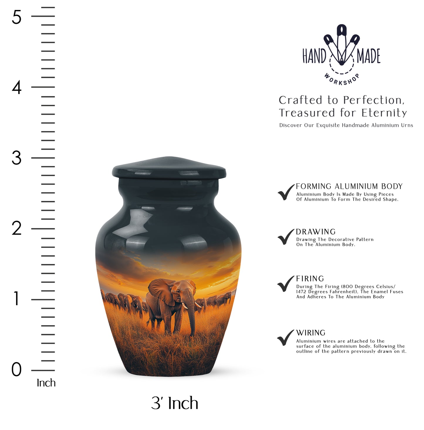 Bright Blue Elephant Cremation Urn close-up of engraving and surface detail - elegant classic elephant relief with fine detailing - mini keepsake memorial for portion of cremation ashes