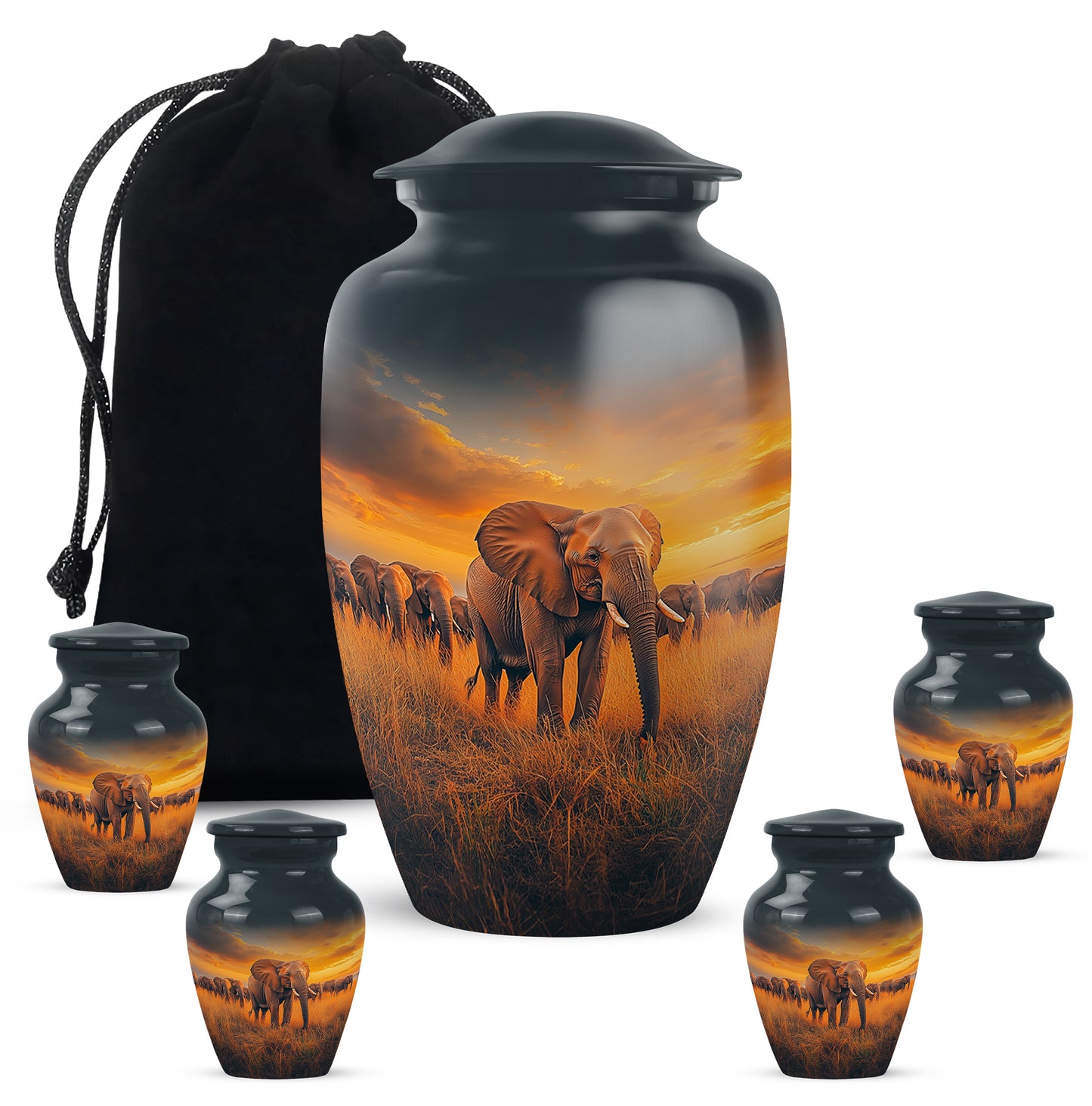 Slate Blue Elephant Cremation Urn top-down view of secure threaded lid - classic sculpted elephant pattern on smooth aluminum - memorial set with one large and four small urns