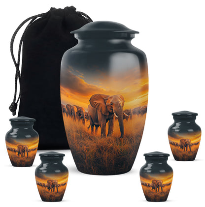 Slate Blue Elephant Cremation Urn top-down view of secure threaded lid - classic sculpted elephant pattern on smooth aluminum - memorial set with one large and four small urns