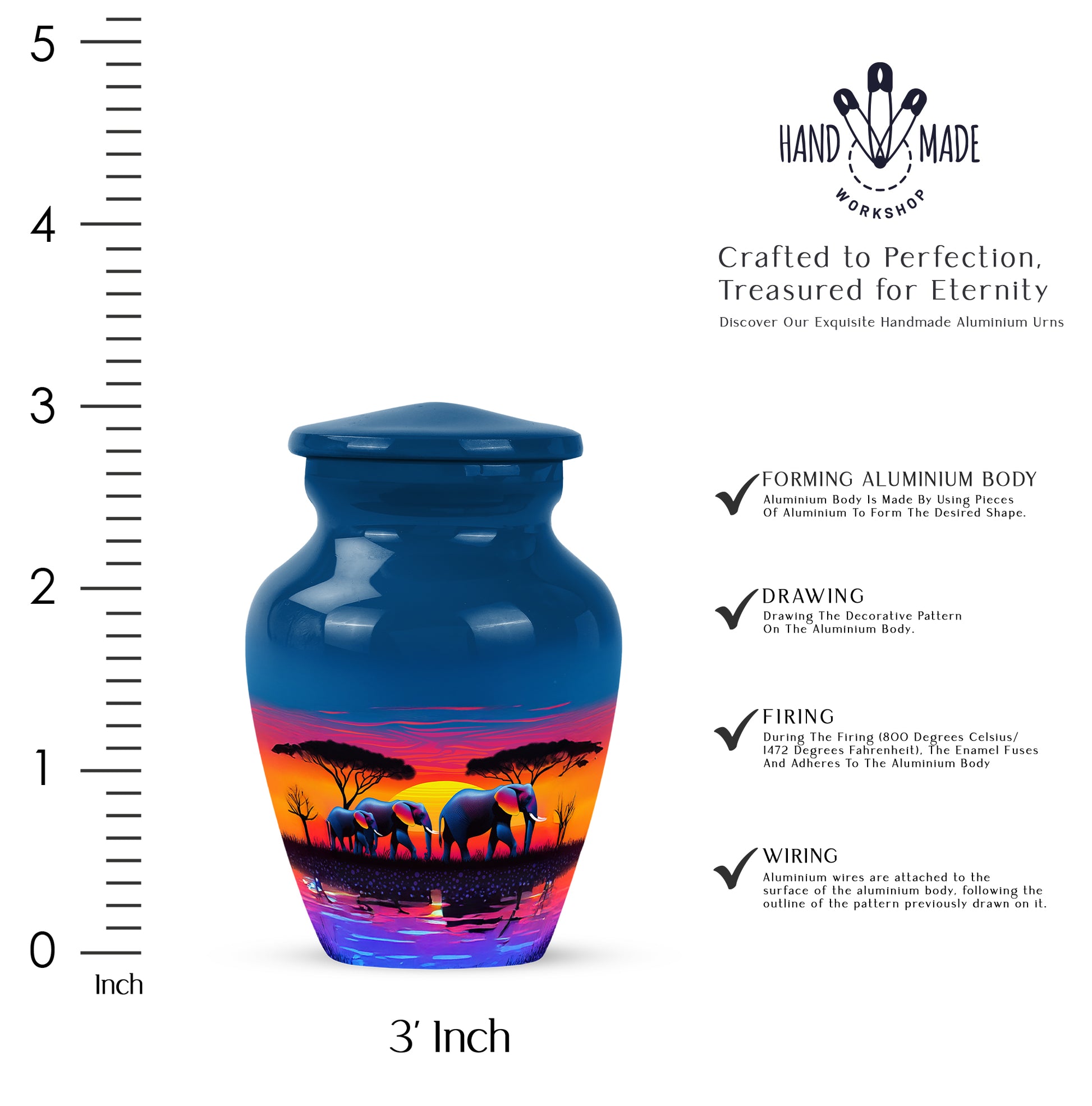 Navy Blue Elephant Cremation Urn close-up of engraving and surface detail - classic sculpted elephant pattern on smooth aluminum - mini keepsake memorial for portion of cremation ashes