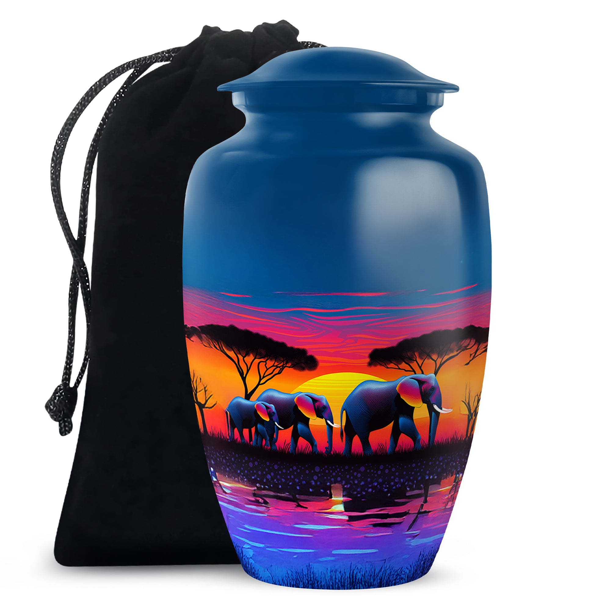 Powder Blue Elephant Cremation Urn angled view of lid and engraved motif - timeless elephant motif etched into premium metal - full-size 10 inch 200 cubic inch adult cremation urn